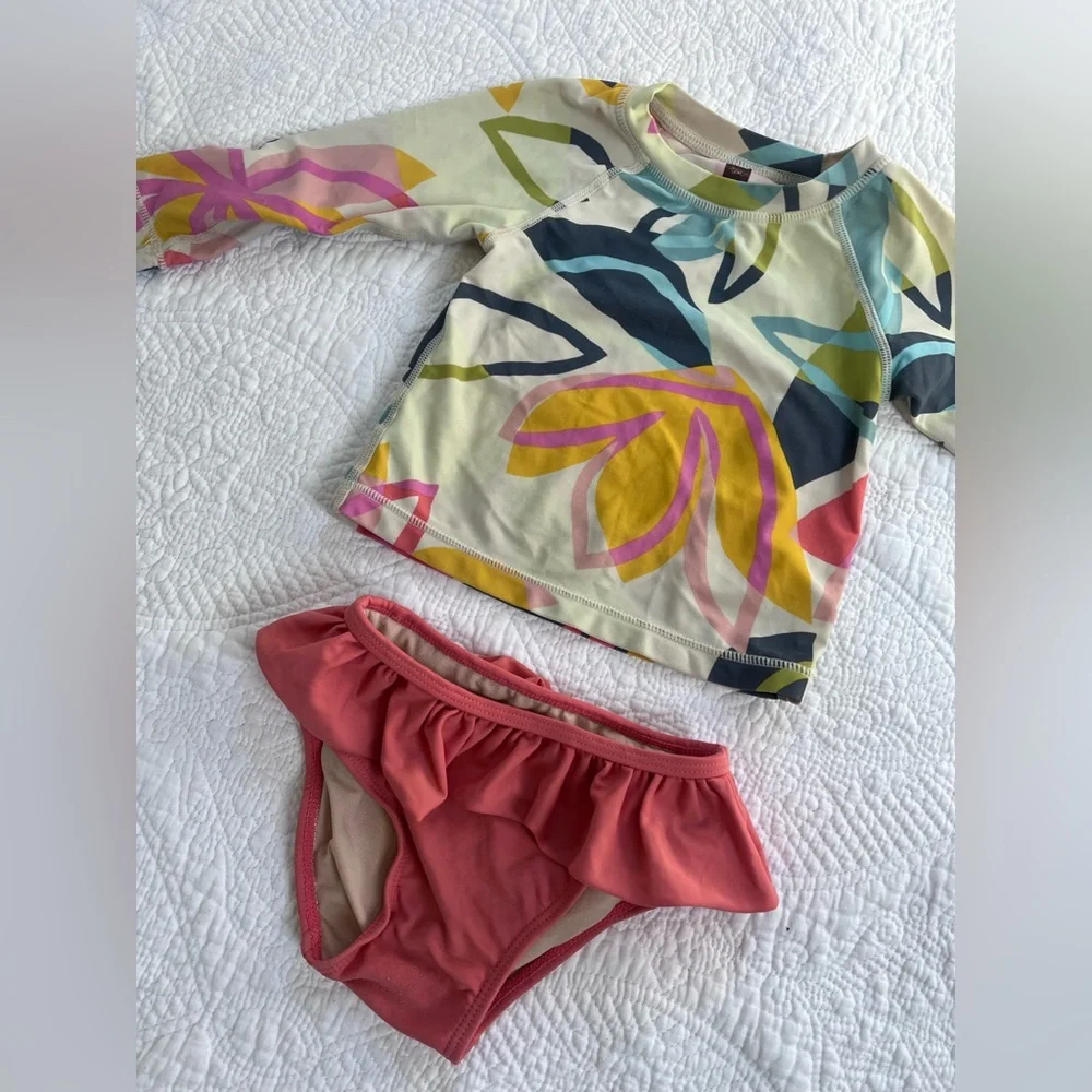 Tea Collection Baby Girl Floral Rash Guard Swim suit Ruffle Bikini Bottom 12-18M